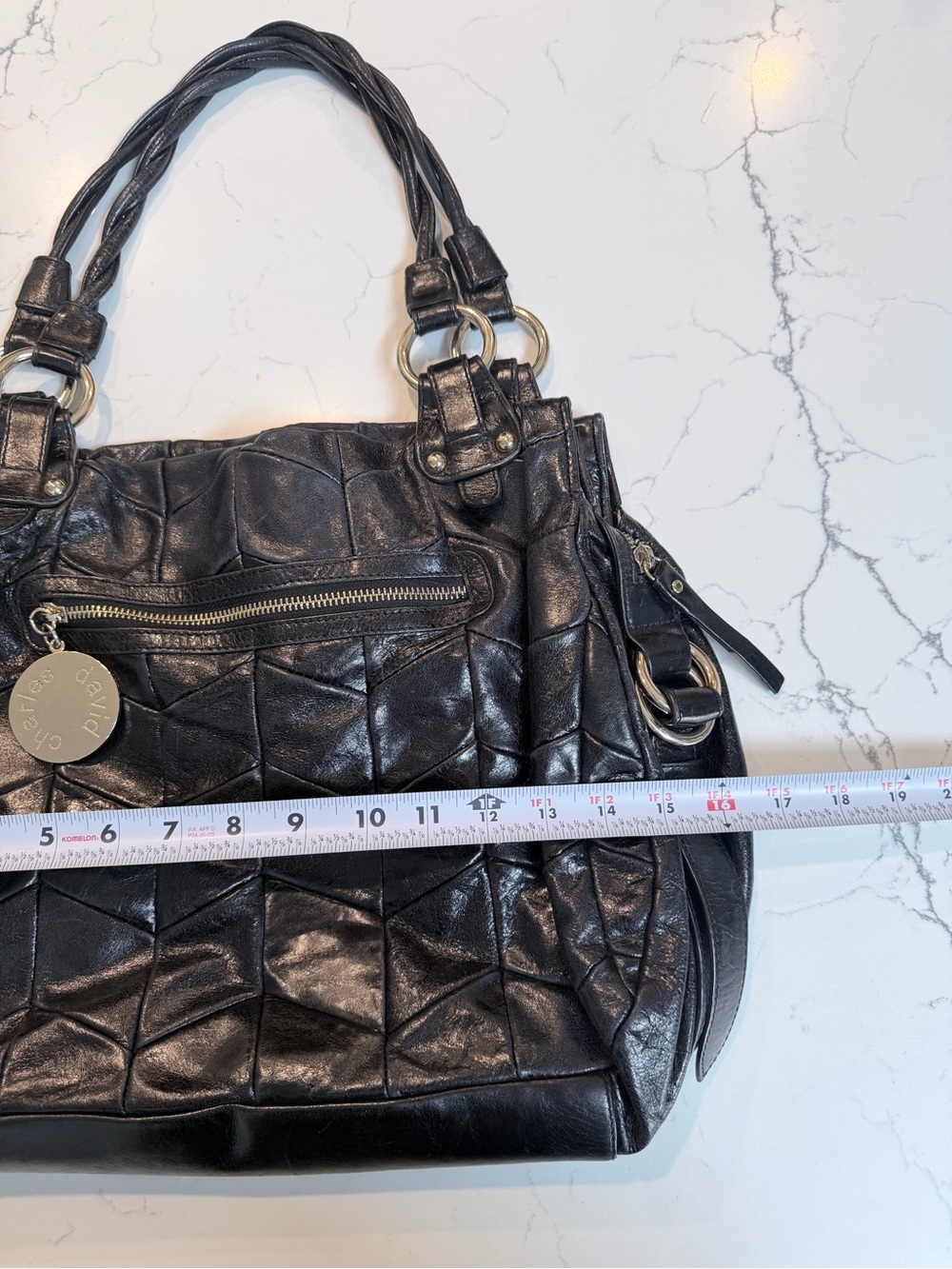 Vintage Charles David Quilted Patchwork Leather Satchel in Black - Picture 8 of 11